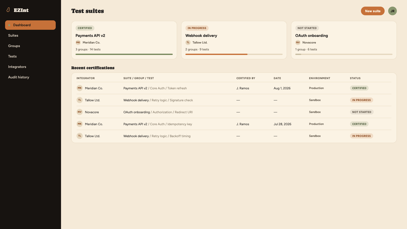 EZInt dashboard showing test suites and recent certifications