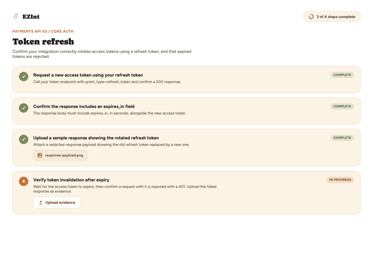 An integrator's step-by-step view of a test, with evidence upload